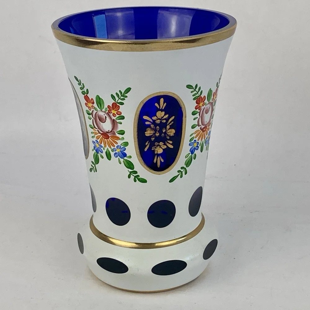 LAUSITZER GLAS Cobalt Blue Cut Crystal Vase Enameled Hand Painted Floral German